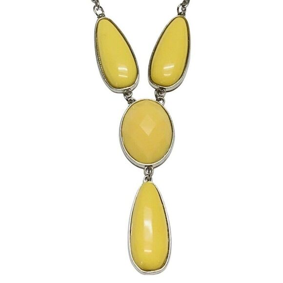 Vintage Yellow Faceted Bead Tear Drop Silver Tone Y-drop Statement Necklace 20” - Picture 3 of 8